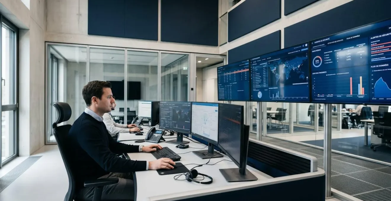 Analyste cybersécurité dans un centre opérationnel SOC moderne au Luxembourg, surveillant des tableaux de bord de sécurité réseau sur plusieurs écrans avec interfaces en français, environnement professionnel contemporain avec lumière naturelle