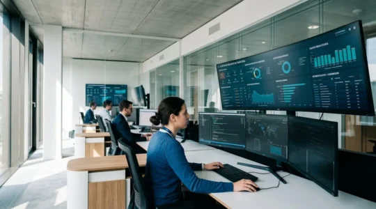 Analyste cybersécurité dans un centre opérationnel SOC moderne au Luxembourg, surveillant des tableaux de bord de sécurité réseau sur plusieurs écrans avec interfaces en français, environnement professionnel contemporain avec lumière naturelle