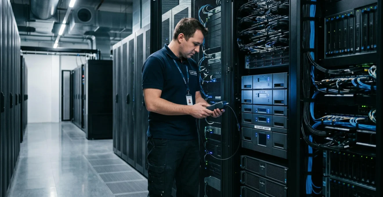 Technicien IT inspectant une infrastructure de sauvegarde dans un datacenter luxembourgeois, baies de serveurs avec système NAS et câblage professionnel, environnement technique avec éclairage LED bleu