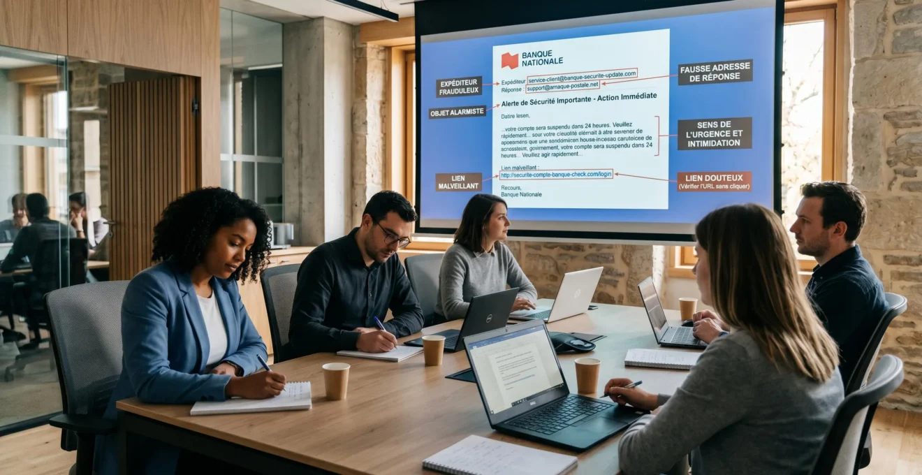 Session de formation cybersécurité en entreprise avec écran projetant un exemple d'email de phishing annoté en français montrant les indicateurs de menace, collaborateurs attentifs en salle de réunion moderne