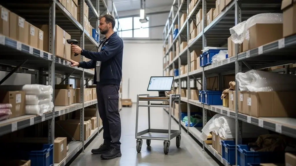 Un opérateur scanne une étiquette sur une boîte entre des rayonnages d'un entrepôt de stockage e-commerce.