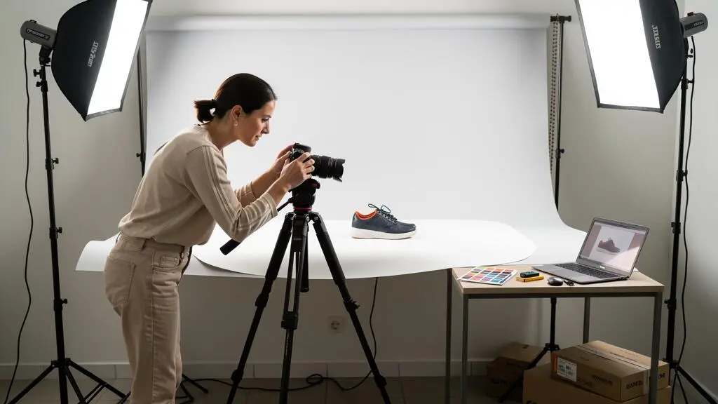 Une photographe règle un appareil sur trépied pour photographier une paire de chaussures sur une table de studio.