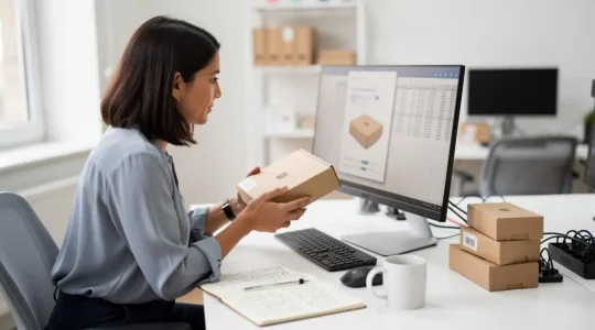 Une responsable produits compare une fiche produit affichée sur son écran avec un produit physique posé sur son bureau.