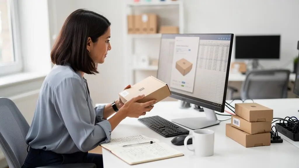 Une responsable produits compare une fiche produit affichée sur son écran avec un produit physique posé sur son bureau.
